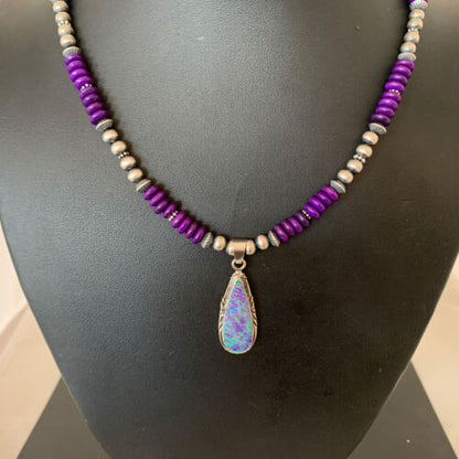 Navajo Purple Sugilite Necklace with Faux Opal Pendant | Sterling Silver | Authentic Native American Handmade | 01918