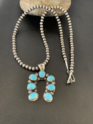 Navajo Sterling Silver Blue Turquoise Squash Blossom Necklace with Naja Pendant | 02011