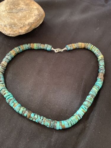 Native American Blue Green Turquoise Heishi Necklace | 9mm | Sterling Silver | 20" | 876 - Masha USA