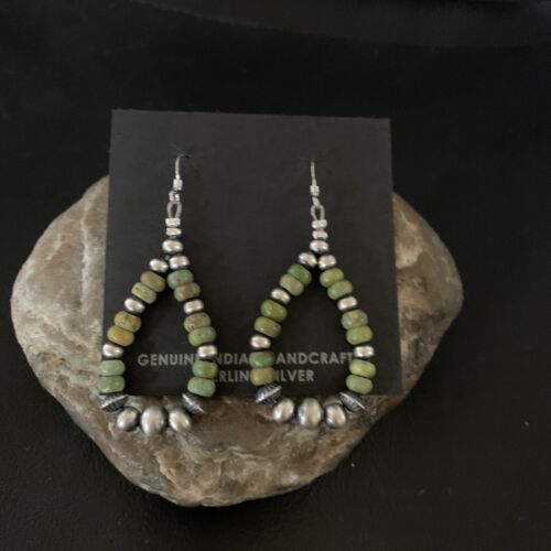 Navajo Green Turquoise Earrings | Sterling Silver | Native American Pearls Bead | 2" | 12889