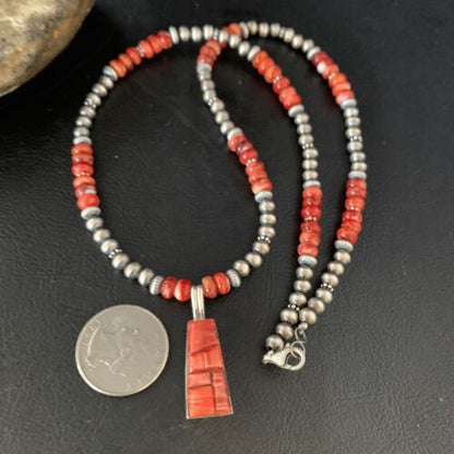 Navajo Pearls Red Spiny Oyster Sterling Necklace | Inlay Pendant | 20" | Native American Jewelry | 13652
