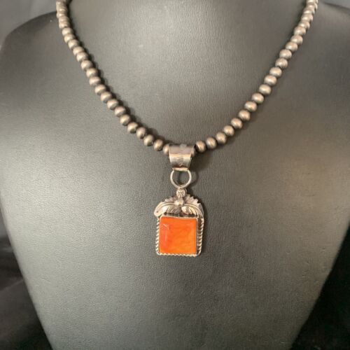 Navajo Orange Spiny Oyster Pendant | Sterling Silver Square Necklace | Authentic Native American Handmade | 13641