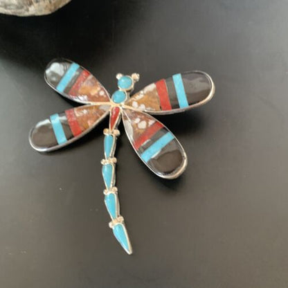 Zuni Wild Horse Turquoise Inlay Dragonfly Pin Pendant | Sterling Silver | 2077