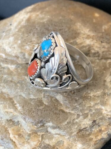 Navajo Feather Ring with Blue Kingman Turquoise, Coral, and Multi-Stone | Authentic Native American Sterling Silver | Sz 11 | 12216