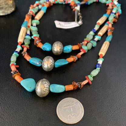 Native American Santo Domingo Spiny Blue Turquoise Necklace | 3-Strand Shell | 10397 - Masha USA