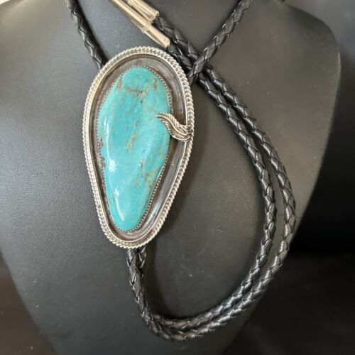 Native American Men's Bolo Tie | Blue Kingman Turquoise | Sterling Silver | Navajo Handmade | 14525