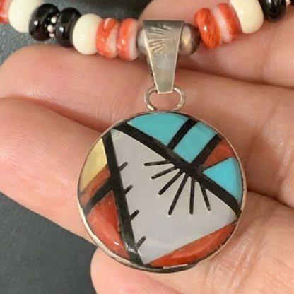 Zuni Multi-Color Turquoise Onyx Necklace | Sterling Silver Inlay Pendant | 13563