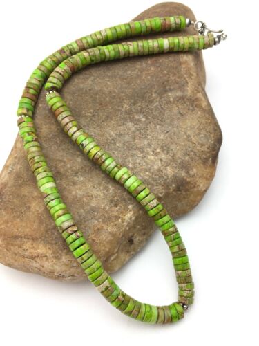 Navajo Green Gaspeite Stabilized Necklace | Sterling Silver | 20" | Authentic Native American Handmade | 4337 - Masha USA