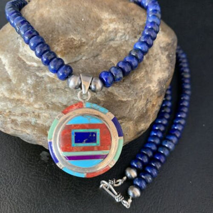 Authentic Native American Navajo Necklace | Sterling Silver with Turquoise, Lapis & Opal Pendant | 13981