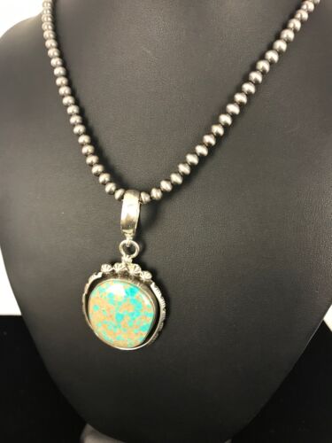 Navajo Pearls Sterling Silver Turquoise #8 Necklace Pendant | 2.5" | Signed | Authentic Native American Handmade | 3954