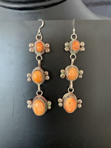 Navajo Orange Spiny Oyster Dangle Earrings | Sterling Silver | Authentic Native American Handmade | 1231