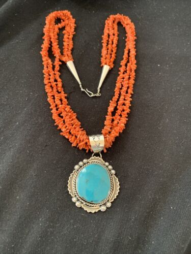 Navajo Sterling Silver Coral Bead Necklace | Turquoise Pendant | Multi-Strand 21" | 00766
