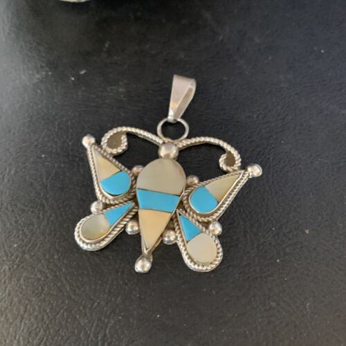 Zuni Butterfly Pendant Necklace | Turquoise & Yellow Mother of Pearl Inlay | Sterling Silver | 14208