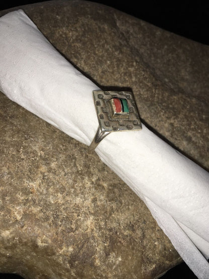 Navajo Women's Turquoise, Coral & Onyx Inlay Ring | Sterling Silver | Sz 5.5 | Authentic Native American Handmade | 01797