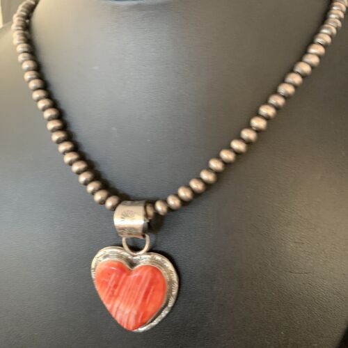 Navajo Red Heart Spiny Oyster Pendant Necklace | Sterling Silver | Authentic Native American Handmade | 13951