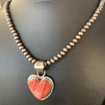 Navajo Red Heart Spiny Oyster Pendant Necklace | Sterling Silver | Authentic Native American Handmade | 13951 - Masha USA