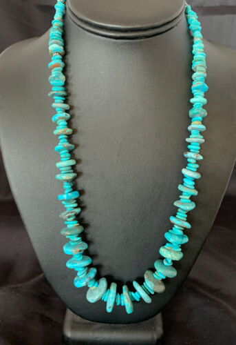 Navajo Pearl Graduated Sterling Silver Necklace with Natural Blue Turquoise | Authentic Native American | 22" | 10460