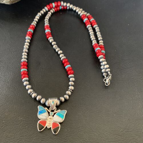 Opal Inlay Butterfly Pendant | Navajo Sterling Silver | Coral & Turquoise | 21" | 12582