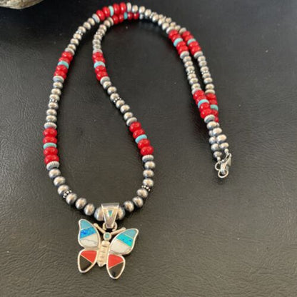 Opal Inlay Butterfly Pendant | Navajo Sterling Silver | Coral & Turquoise | 21" | 12582