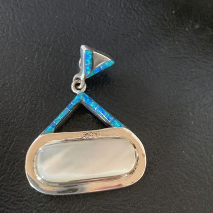 Authentic Native American Navajo Sterling Silver Pendant | White Mother of Pearl & Blue Opal Inlay | Handmade Jewelry | 12886