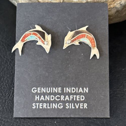 Navajo Multi-Color Dolphin Coral Lapis Inlay Earrings | Sterling Silver | Authentic Native American Handmade | 14658