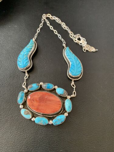 Navajo Red Spiny Oyster & Blue Turquoise Necklace | Sterling Silver | 21" | Authentic Native American Handmade | 2112