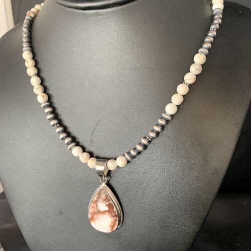 Navajo Pearls Necklace with Wild Horse Turquoise Pendant | Sterling Silver | Authentic Native American Handmade | 13902