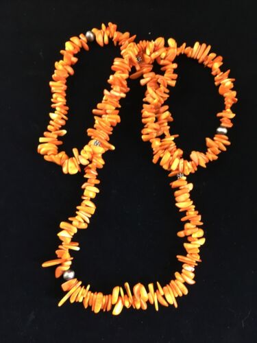 Navajo Orange Coral Necklace | Sterling Silver | 36" | Authentic Native American Handmade | 10044