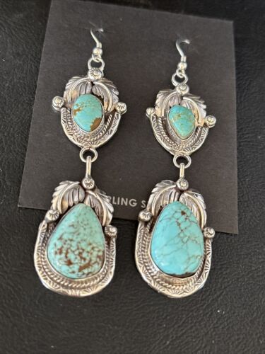 Navajo Blue #8 Turquoise Dangle Earrings | Sterling Silver | Authentic Native American Handmade | 14345
