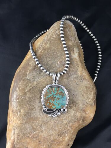 Navajo Blue #8 Turquoise Pendant Necklace Set | Sterling Silver | 2.25" | Authentic Native American Handmade | 10159
