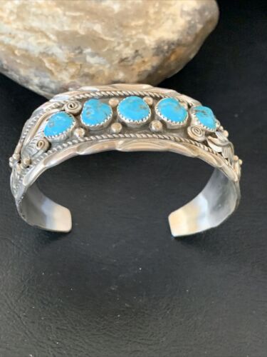 Navajo Sterling Silver Blue Kingman Turquoise Cuff Bracelet | 5 Stone | Authentic Native American Handmade | 12161