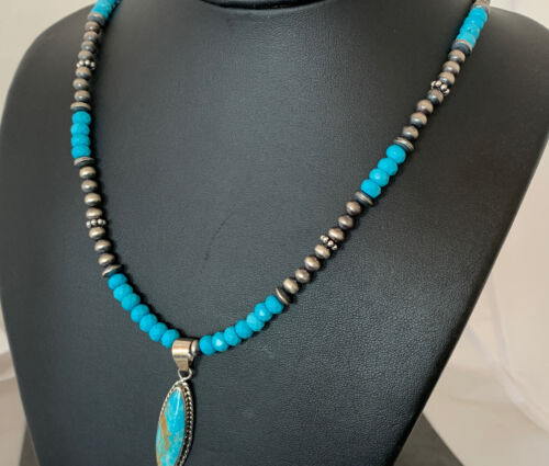 Navajo Blue Faceted Turquoise Pendant Necklace | Sterling Silver | Authentic Native American Handmade | 563 - Masha USA
