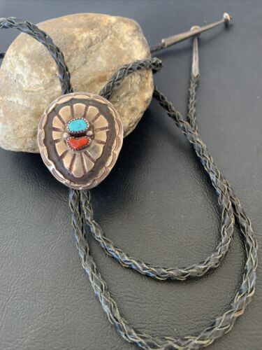 Navajo Turquoise Coral Bolo Tie | Sterling Silver | Authentic Native American Handmade | 1999 Bolo