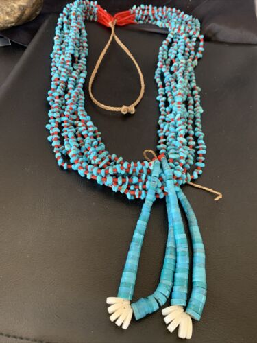 Southwestern Santo Domingo Red Coral Blue Turquoise Necklace | 10 Strand | 40" | 12046