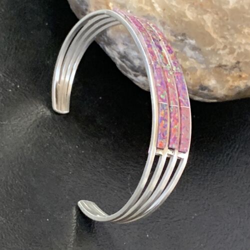 Native American Zuni Purple Opal Inlay Cuff Bracelet | Sterling Silver | 3 Row | 1643