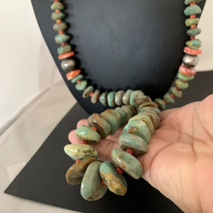 Authentic Native American Navajo Necklace | Sterling Silver | Green Turquoise & Spiny Oyster | 32" | 01669