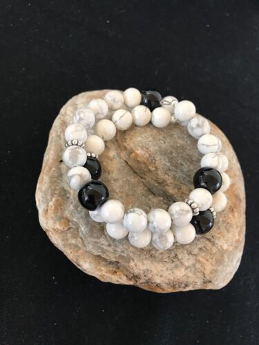 Navajo White Howlite Turquoise Onyx Bead Bracelet | Sterling Silver | Authentic Native American Handmade
