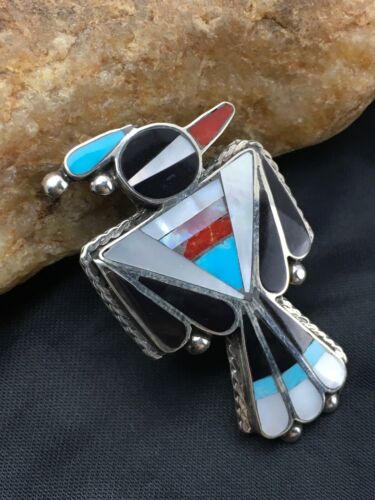 Zuni Coral, Turquoise & Onyx Inlay Bird Ring | Sterling Silver | Sz 3.5 | Authentic Native American Handmade | 2630 - Masha USA