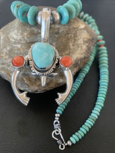 Navajo Sterling Silver Necklace | Blue Turquoise & Spiny Oyster Naja Pendant | Authentic Native American Handmade | 2060