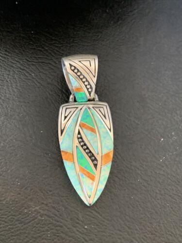 Navajo Spiny White Green Opal Inlay Pendant | Sterling Silver | Authentic Native American Handmade | 12482