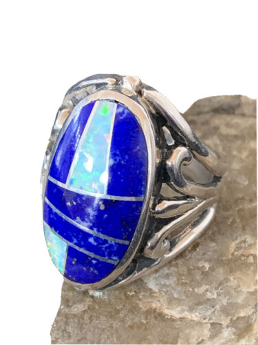 Native American Navajo Lapis & Opal Inlay Ring | Sterling Silver | Sz 7 | 1484