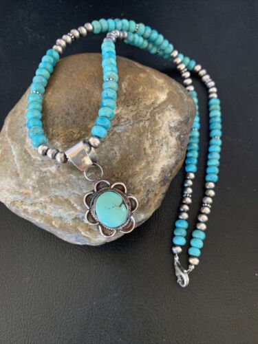 Navajo Blue Turquoise Pendant Necklace | Sterling Silver Pearls | Authentic Native American Handmade | 13219