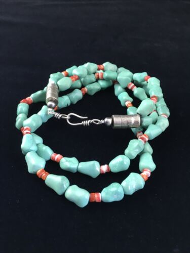 Native American Sterling Silver Blue Turquoise Spiny Oyster Necklace | 18" | 10062