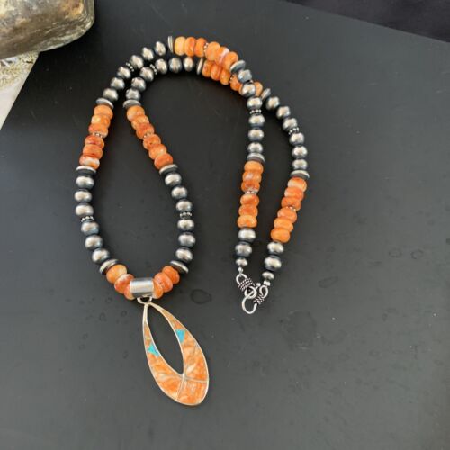 Navajo Pearls Sterling Silver Necklace | Orange Spiny Oyster Inlay Pendant | Authentic Native American Handmade | 11318