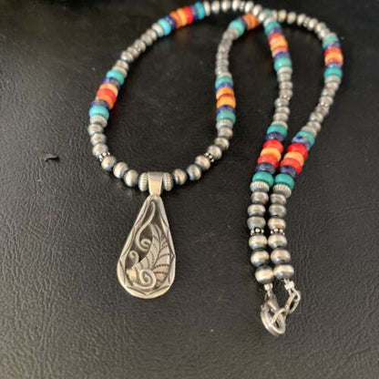 Navajo Multi-Color Turquoise Mother of Pearl Necklace Inlay Pendant | Sterling Silver | 13886