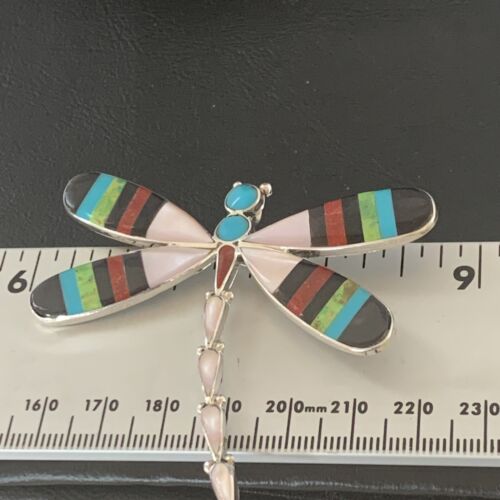 Zuni Coral Turquoise Inlay Dragonfly Necklace Pin Pendant | Sterling Silver | Native American Handmade | 11891