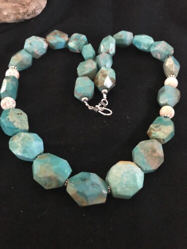 Chunky Turquoise Men's Necklace | Sterling Silver Faceted | Southwestern Navajo | 21" |  8140 - Masha USA
