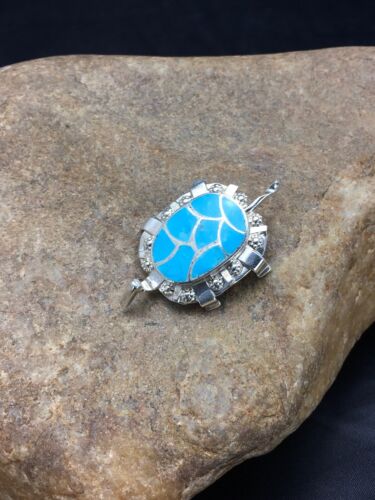 Authentic Native American Zuni Sterling Silver Turtle Pin Pendant | Blue Turquoise | Handmade | 2805