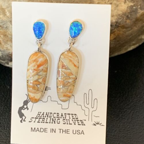Navajo Snake Swirl Earrings | Orange Spiny Oyster Opal Inlay | Sterling Silver | Native American Handmade | 12022