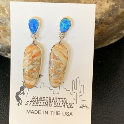 Navajo Snake Swirl Earrings | Orange Spiny Oyster Opal Inlay | Sterling Silver | Native American Handmade | 12022